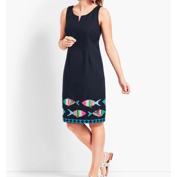 NWOT Talbot’s Navy Sleeveless Dress with Colorful Sequin Fish Design-Size 14 - Picture 1 of 10